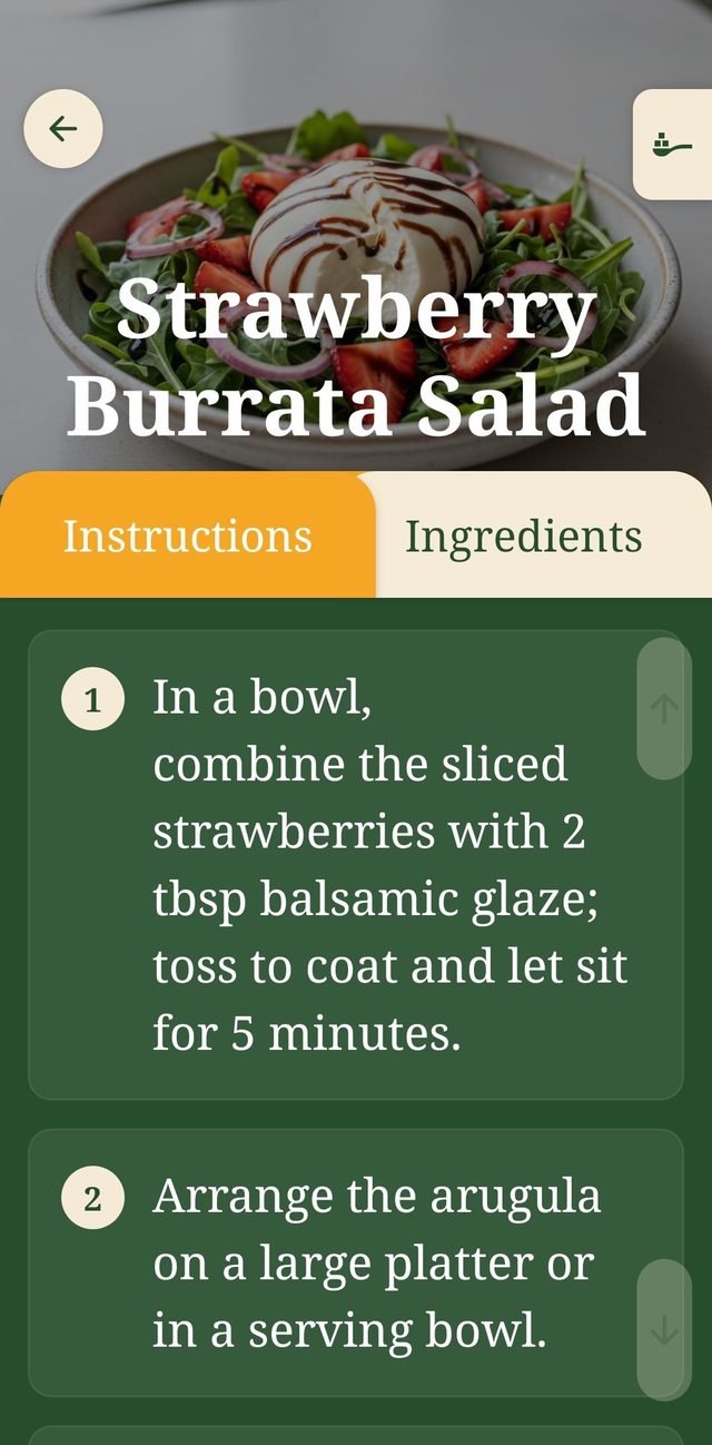 Cook Mode showing large, easy-to-read numbered instructions for a recipe.