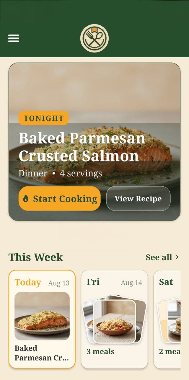 The Dishlo dashboard: tonight's planned dinner with Start Cooking and View Recipe buttons, and a week-at-a-glance strip.