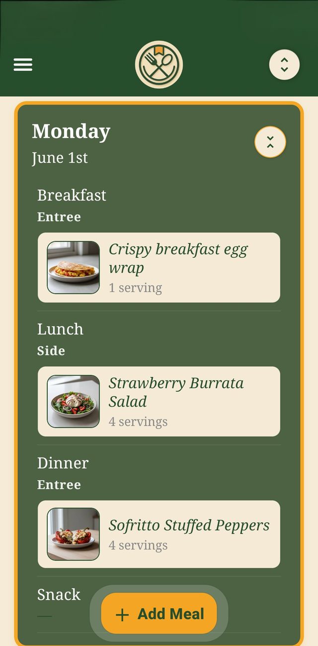 The weekly meal planner showing Monday with breakfast, lunch, dinner and snack slots, each with a recipe photo and serving count.