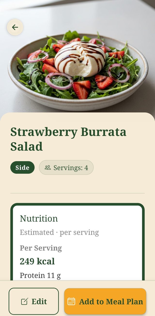 A saved recipe showing servings, recipe type, an estimated nutrition panel, and an Add to Meal Plan button.