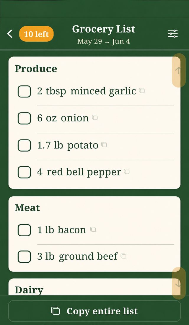 The shopping checklist with check boxes beside each item, an items-left counter, and a Copy entire list button.